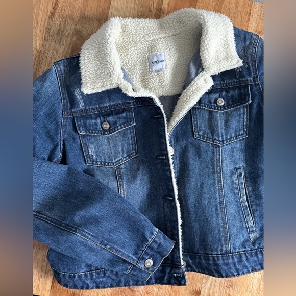 Kensie Jean Sherpa Jacket Distressed Medium Blue Wash Stretch Denim Size Large - Picture 7 of 10